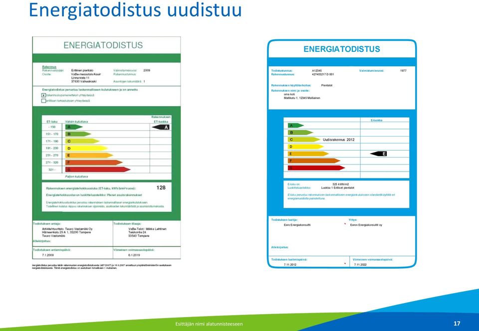 Erilliset pientalot E-luku perustuu rakennuksen laskennalliseen energiankulukseen standardikäytöllä eri energiamuodoilla painotettuna.