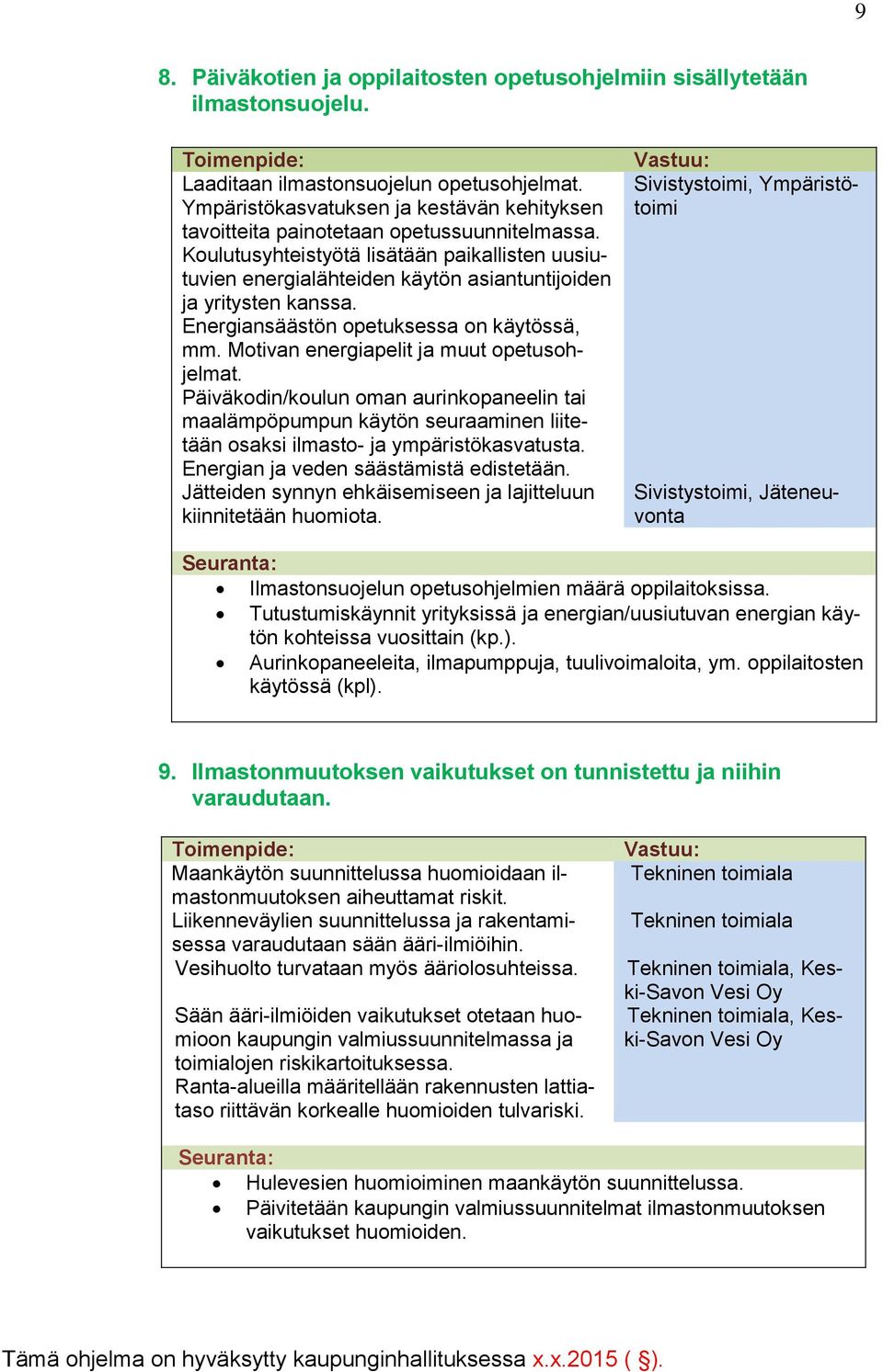 Koulutusyhteistyötä lisätään paikallisten uusiutuvien energialähteiden käytön asiantuntijoiden ja yritysten kanssa. Energiansäästön opetuksessa on käytössä, mm.