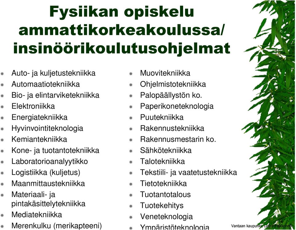 Elektroniikka Paperikoneteknologia Energiatekniikka Puutekniikka Hyvinvointiteknologia Rakennustekniikka Kemiantekniikka Rakennusmestarin ko.