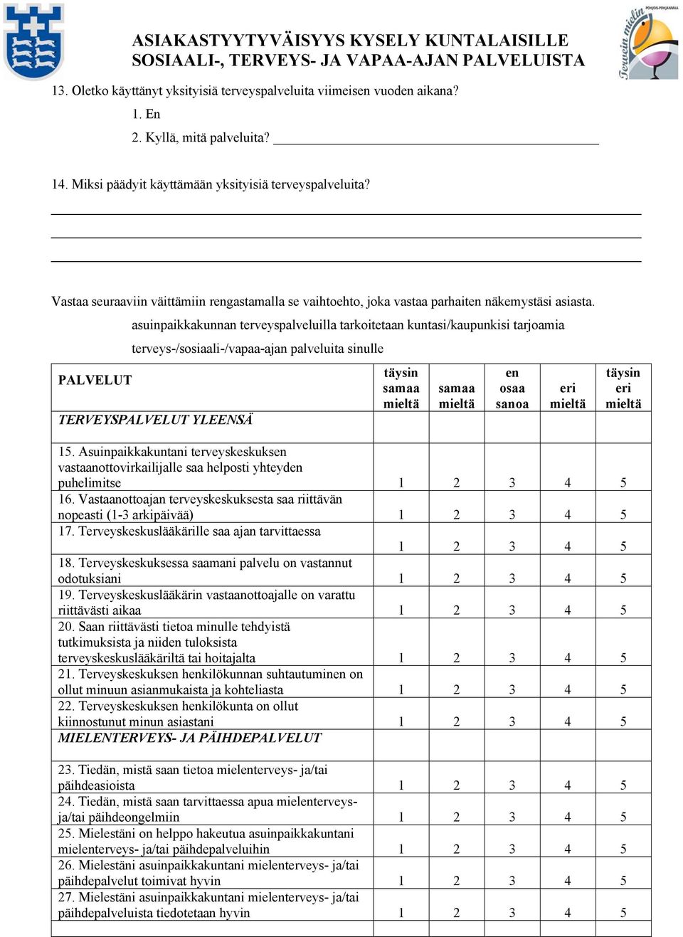 asuinpaikkakunnan terveyspalveluilla tarkoitetaan kuntasi/kaupunkisi tarjoamia terveys-/sosiaali-/vapaa-ajan palveluita sinulle PALVELUT TERVEYSPALVELUT YLEENSÄ en osaa sanoa 15.