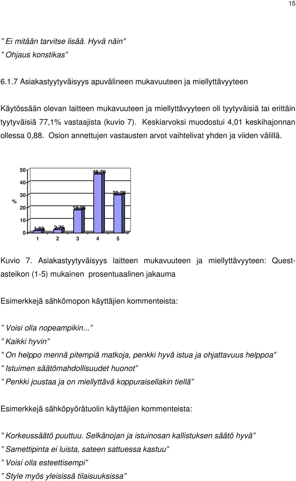Asiakastyytyväisyys laitteen mukavuuteen ja miellyttävyyteen: Questasteikon (1-5) mukainen prosentuaalinen jakauma Esimerkkejä sähkömopon käyttäjien kommenteista: Voisi olla nopeampikin.