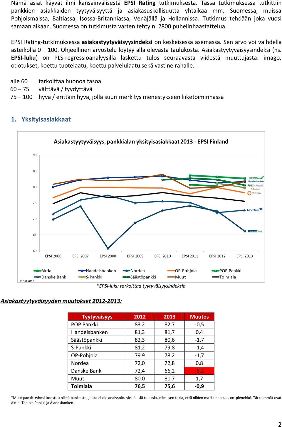 EPSI Rating-tutkimuksessa asiakastyytyväisyysindeksi on keskeisessä asemassa. Sen arvo voi vaihdella asteikolla 0 100. Ohjeellinen arvostelu löytyy alla olevasta taulukosta.