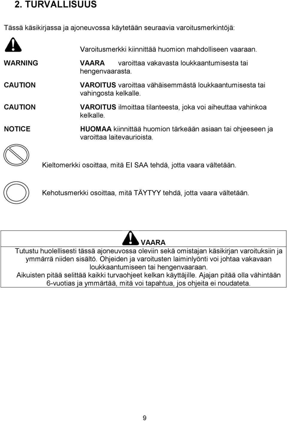 VAROITUS ilmoittaa tilanteesta, joka voi aiheuttaa vahinkoa kelkalle. HUOMAA kiinnittää huomion tärkeään asiaan tai ohjeeseen ja varoittaa laitevaurioista.