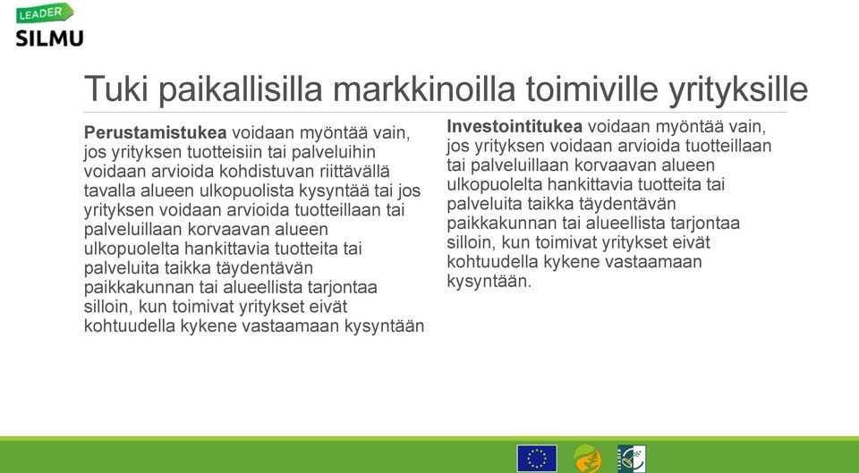 alueellista tarjontaa silloin, kun toimivat yritykset eivät kohtuudella kykene vastaamaan kysyntään Investointitukea voidaan myöntää vain, jos yrityksen voidaan arvioida tuotteillaan tai