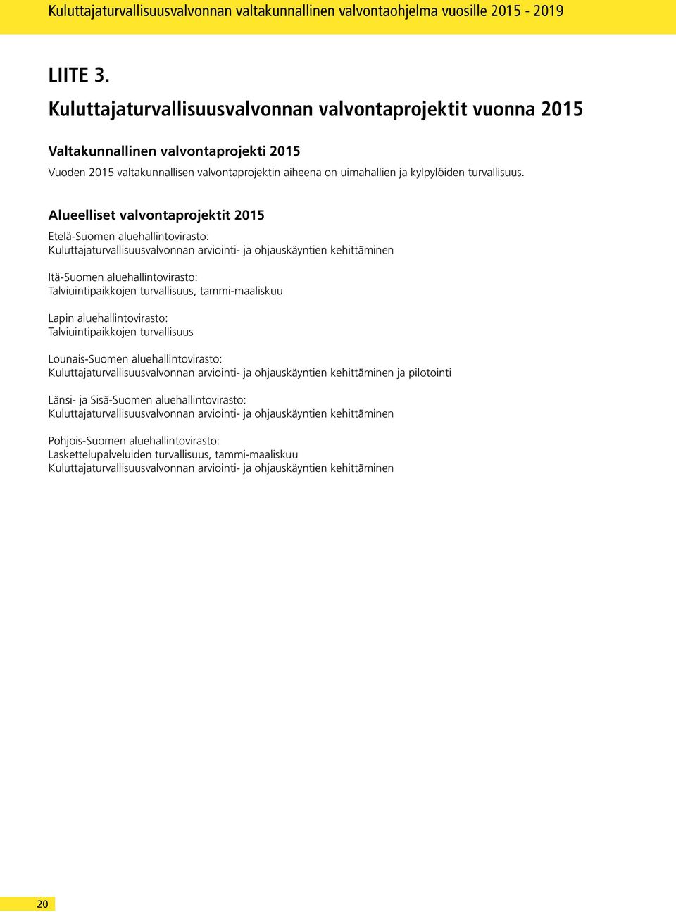 Alueelliset valvontaprojektit 2015 Etelä-Suomen aluehallintovirasto: Kuluttajaturvallisuusvalvonnan arviointi- ja ohjauskäyntien kehittäminen Itä-Suomen aluehallintovirasto: Talviuintipaikkojen