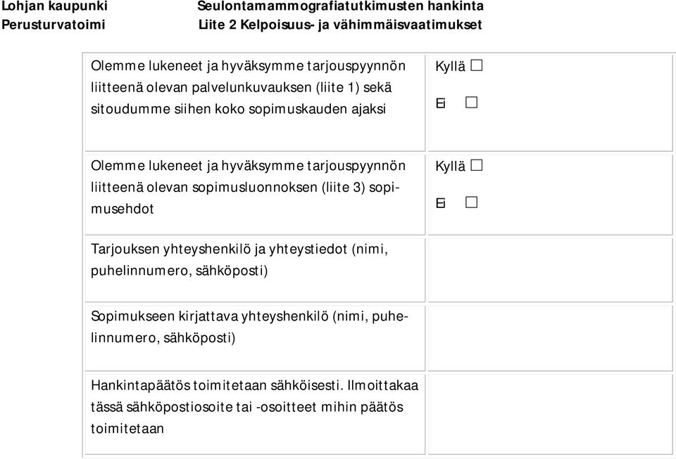 sopimusluonnoksen (liite 3) sopimusehdot Tarjouksen yhteyshenkilö ja yhteystiedot (nimi, puhelinnumero, sähköposti) Sopimukseen kirjattava