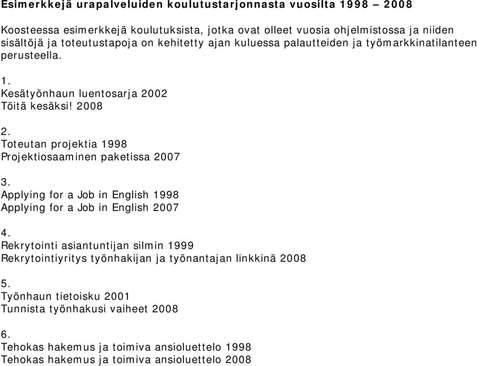Toteutan projektia 1998 Projektiosaaminen paketissa 2007 3. Applying for a Job in English 1998 Applying for a Job in English 2007 4.
