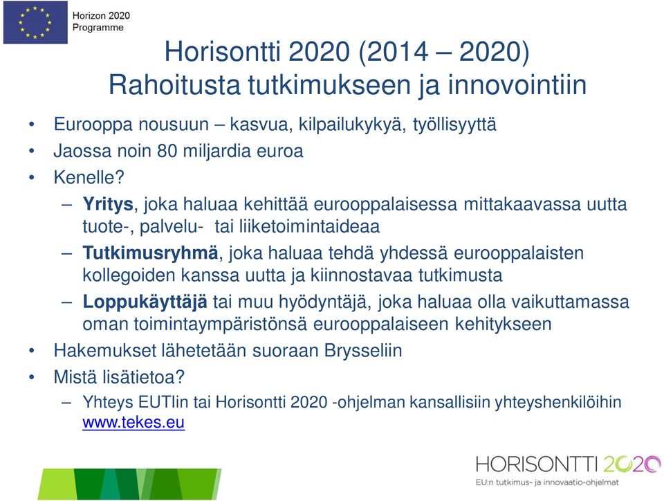 eurooppalaisten kollegoiden kanssa uutta ja kiinnostavaa tutkimusta Loppukäyttäjä tai muu hyödyntäjä, joka haluaa olla vaikuttamassa oman toimintaympäristönsä