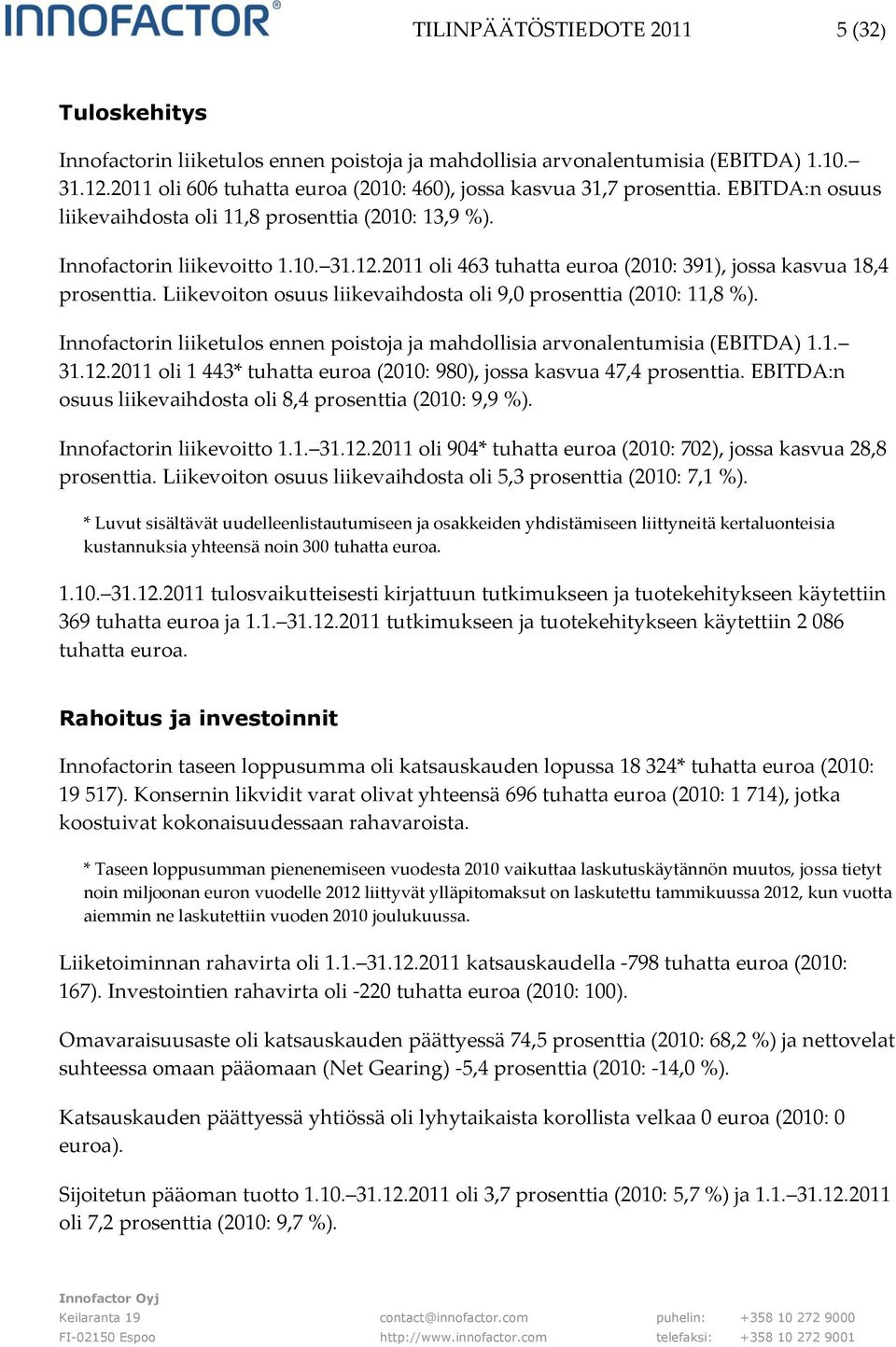 2011 oli 463 tuhatta euroa (2010: 391), jossa kasvua 18,4 prosenttia. Liikevoiton osuus liikevaihdosta oli 9,0 prosenttia (2010: 11,8 %).