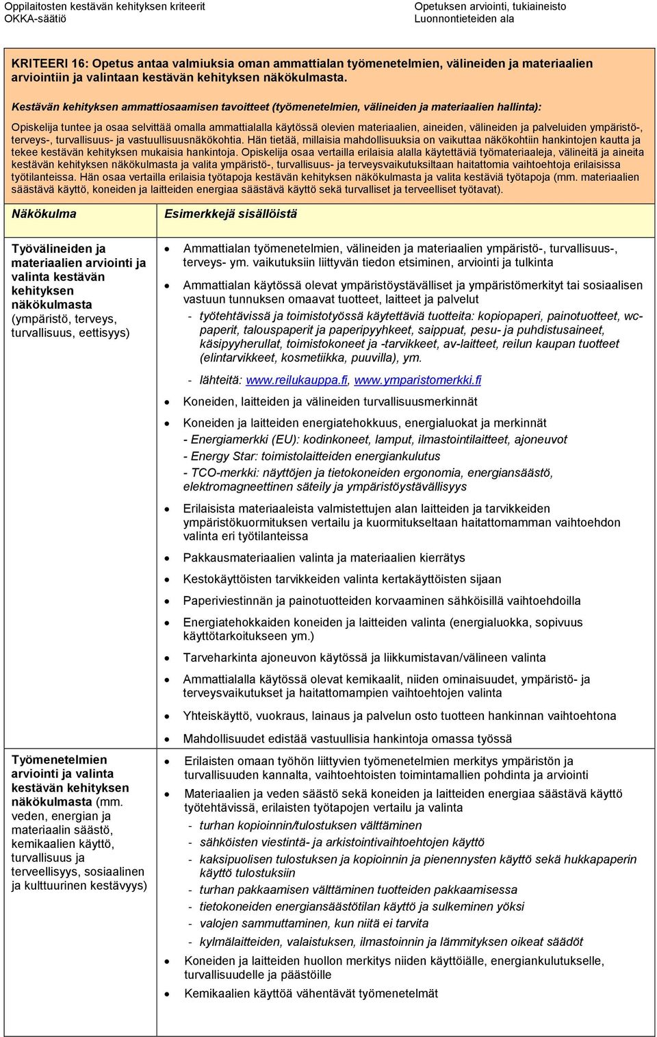 aineiden, välineiden ja palveluiden ympäristö-, terveys-, turvallisuus- ja vastuullisuusnäkökohtia.