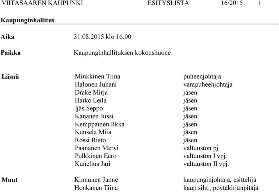 Drake Mirja jäsen Haiko Leila jäsen Ijäs Seppo jäsen Kananen Jussi jäsen Kemppainen Ilkka jäsen Kuusela Miia jäsen Rossi
