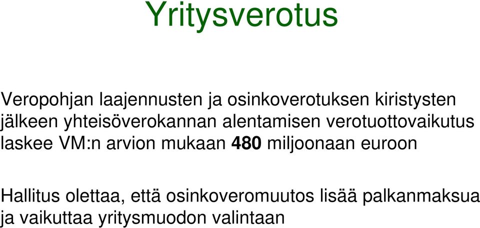 verotuottovaikutus laskee VM:n arvion mukaan 480 miljoonaan euroon