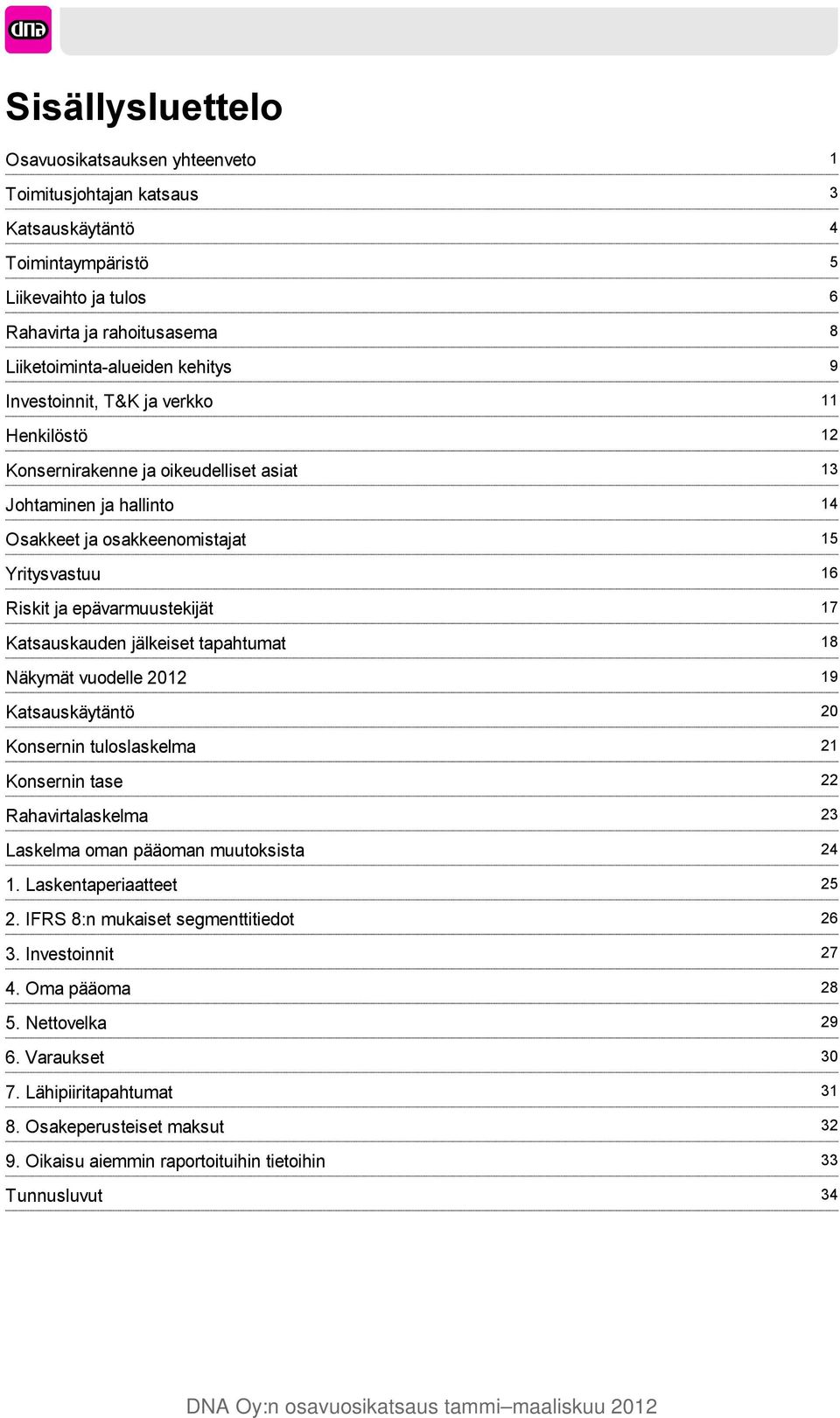 Näkymät vuodelle 2012 Katsauskäytäntö Konsernin tuloslaskelma Konsernin tase Rahavirtalaskelma Laskelma oman pääoman muutoksista 1. Laskentaperiaatteet 2. IFRS 8:n mukaiset segmenttitiedot 3.