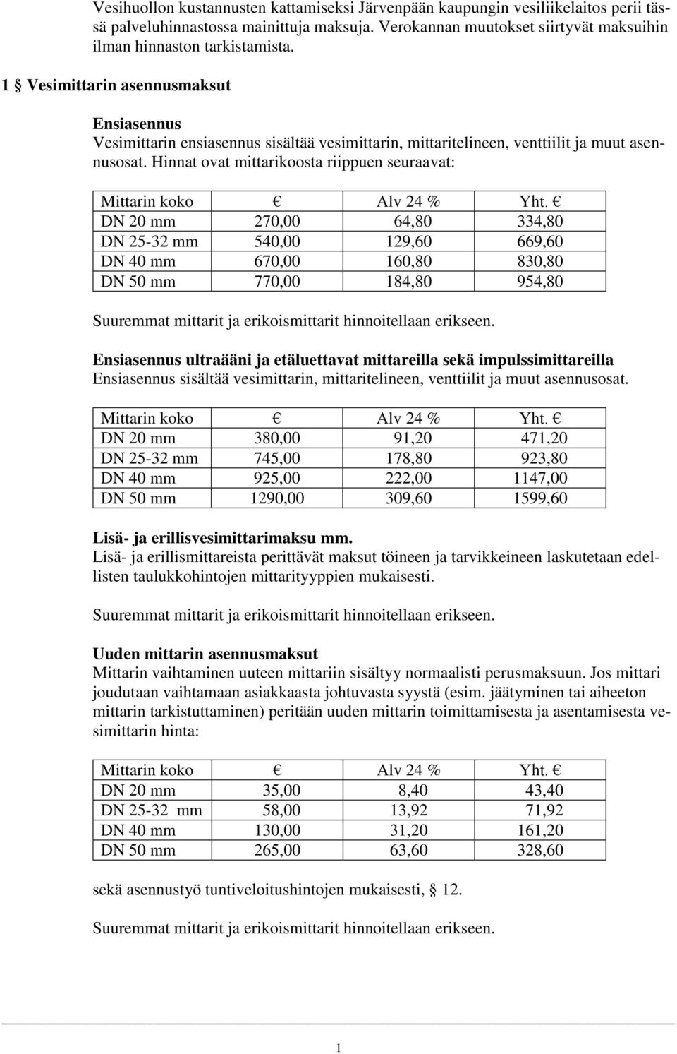 Hinnat ovat mittarikoosta riippuen seuraavat: Mittarin koko DN 20 mm 270,00 64,80 334,80 DN 25-32 mm 540,00 129,60 669,60 DN 40 mm 670,00 160,80 830,80 DN 50 mm 770,00 184,80 954,80 Suuremmat