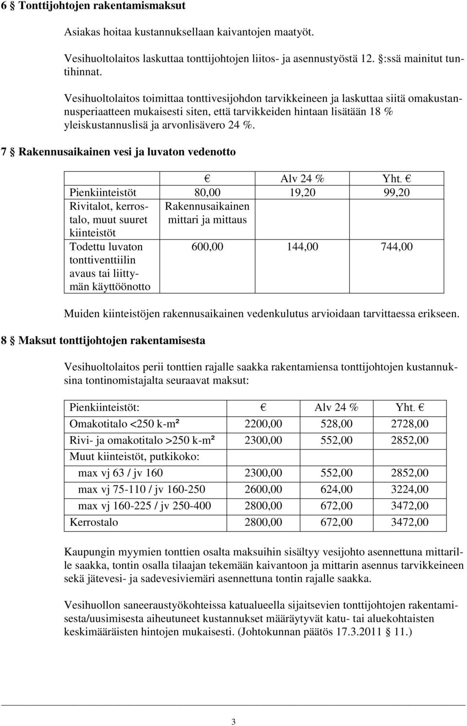 7 Rakennusaikainen vesi ja luvaton vedenotto Pienkiinteistöt 80,00 19,20 99,20 Rivitalot, kerrostalo, muut suuret Rakennusaikainen mittari ja mittaus kiinteistöt Todettu luvaton tonttiventtiilin