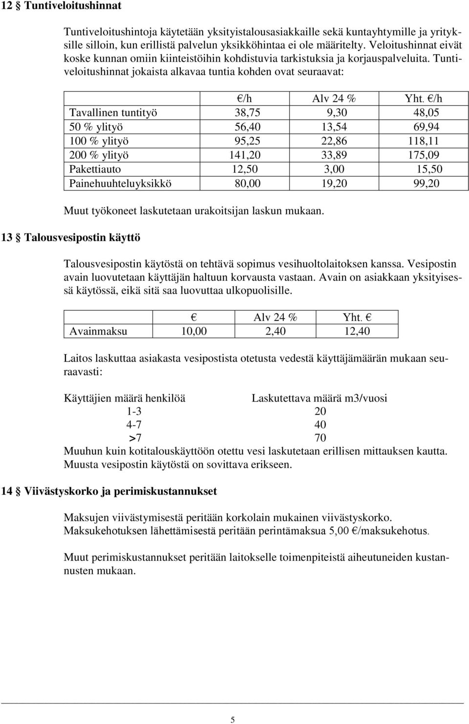 /h Tavallinen tuntityö 38,75 9,30 48,05 50 % ylityö 56,40 13,54 69,94 100 % ylityö 95,25 22,86 118,11 200 % ylityö 141,20 33,89 175,09 Pakettiauto 12,50 3,00 15,50 Painehuuhteluyksikkö 80,00 19,20