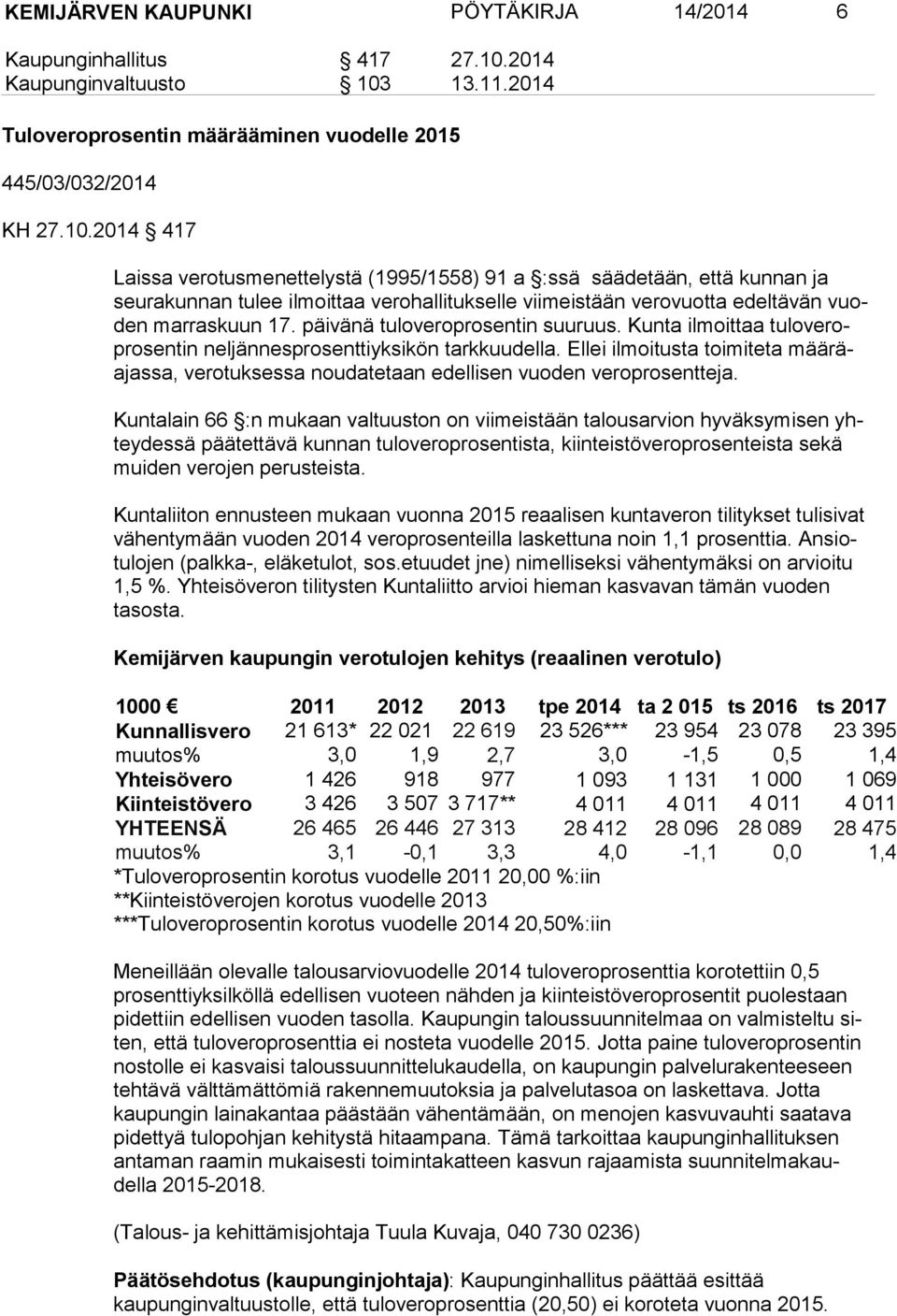 13.11.2014 Tuloveroprosentin määrääminen vuodelle 2015 445/03/032/2014 KH 27.10.