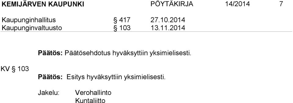 2014 Päätös: Päätösehdotus hyväksyttiin yksimielisesti.