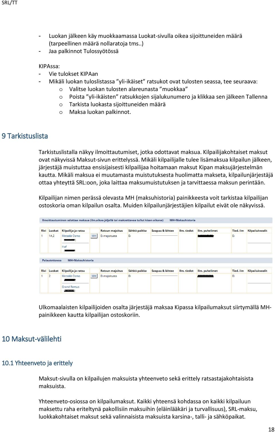 Poista yli-ikäisten ratsukkojen sijalukunumero ja klikkaa sen jälkeen Tallenna o Tarkista luokasta sijoittuneiden määrä o Maksa luokan palkinnot.