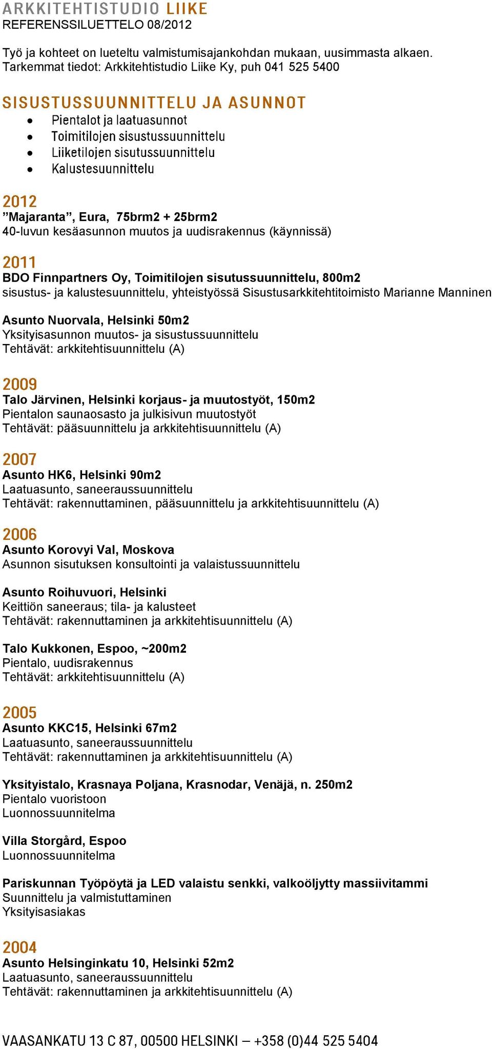 muutostyöt, 150m2 Pientalon saunaosasto ja julkisivun muutostyöt Tehtävät: pääsuunnittelu ja arkkitehtisuunnittelu (A) Asunto HK6, Helsinki 90m2 Tehtävät: rakennuttaminen, pääsuunnittelu ja