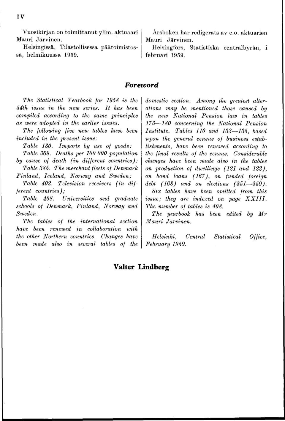 It has been compiled according to the same principles as were adopted in the earlier issues. The following five new tables have been included in the present issue: Table 130.