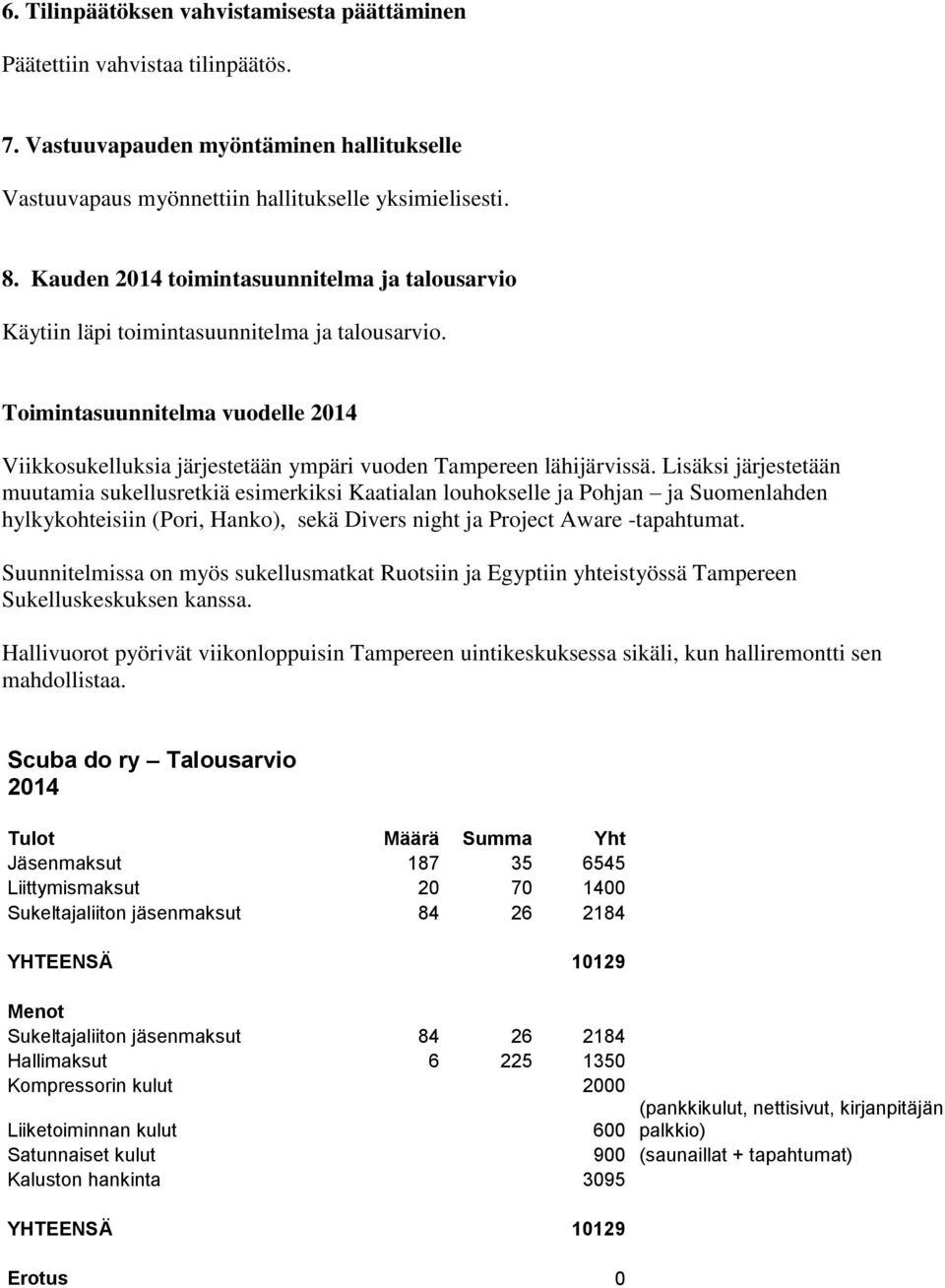 Lisäksi järjestetään muutamia sukellusretkiä esimerkiksi Kaatialan louhokselle ja Pohjan ja Suomenlahden hylkykohteisiin (Pori, Hanko), sekä Divers night ja Project Aware -tapahtumat.