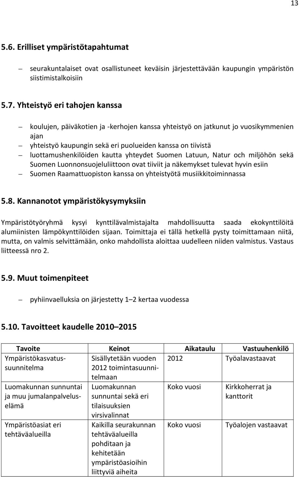 kautta yhteydet Suomen Latuun, Natur och miljöhön sekä Suomen Luonnonsuojeluliittoon ovat tiiviit ja näkemykset tulevat hyvin esiin Suomen Raamattuopiston kanssa on yhteistyötä musiikkitoiminnassa 5.
