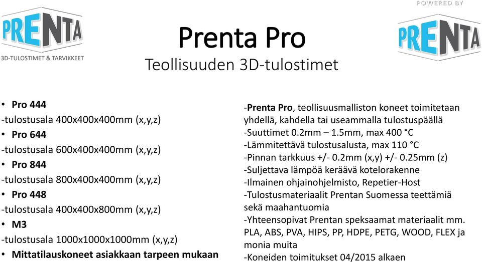 tulostuspäällä -Suuttimet 0.2mm 1.5mm, max 400 C -Lämmitettävä tulostusalusta, max 110 C -Pinnan tarkkuus +/- 0.2mm (x,y) +/- 0.