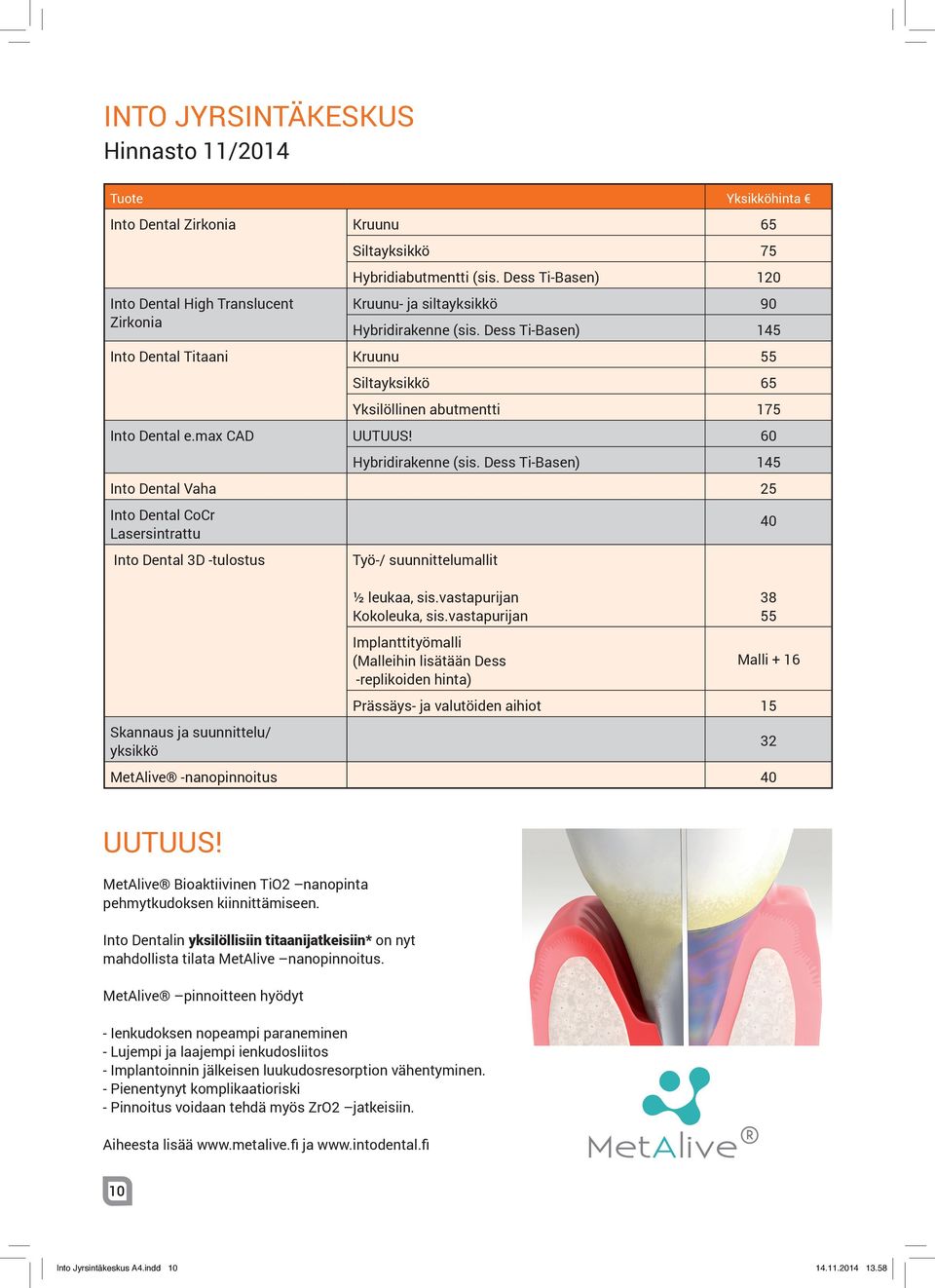 60 Hybridirakenne (sis. Dess Ti-Basen) 145 Into Dental Vaha 25 Into Dental CoCr Lasersintrattu Into Dental 3D -tulostus Skannaus ja suunnittelu/ yksikkö Työ-/ suunnittelumallit ½ leukaa, sis.