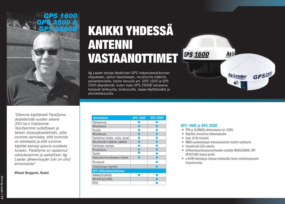 2014 Ag Leader 14 "Olemme käyttäneet ParaDymejärjestelmää vuoden aikana 350 ha:n tilallamme.