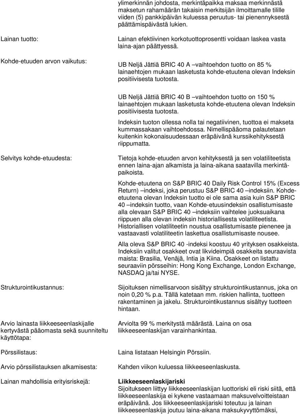 UB Neljä Jättiä BRIC 40 A vaihtoehdon tuotto on 85 % lainaehtojen mukaan lasketusta kohde-etuutena olevan Indeksin positiivisesta tuotosta.