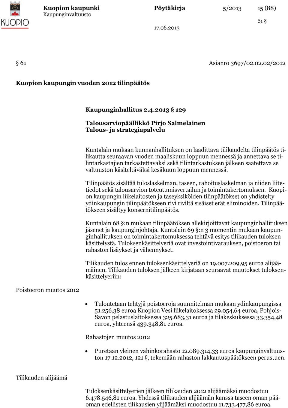 vuoden maaliskuun loppuun mennessä ja annettava se tilintarkastajien tarkastettavaksi sekä tilintarkastuksen jälkeen saatettava se valtuuston käsiteltäväksi kesäkuun loppuun mennessä.