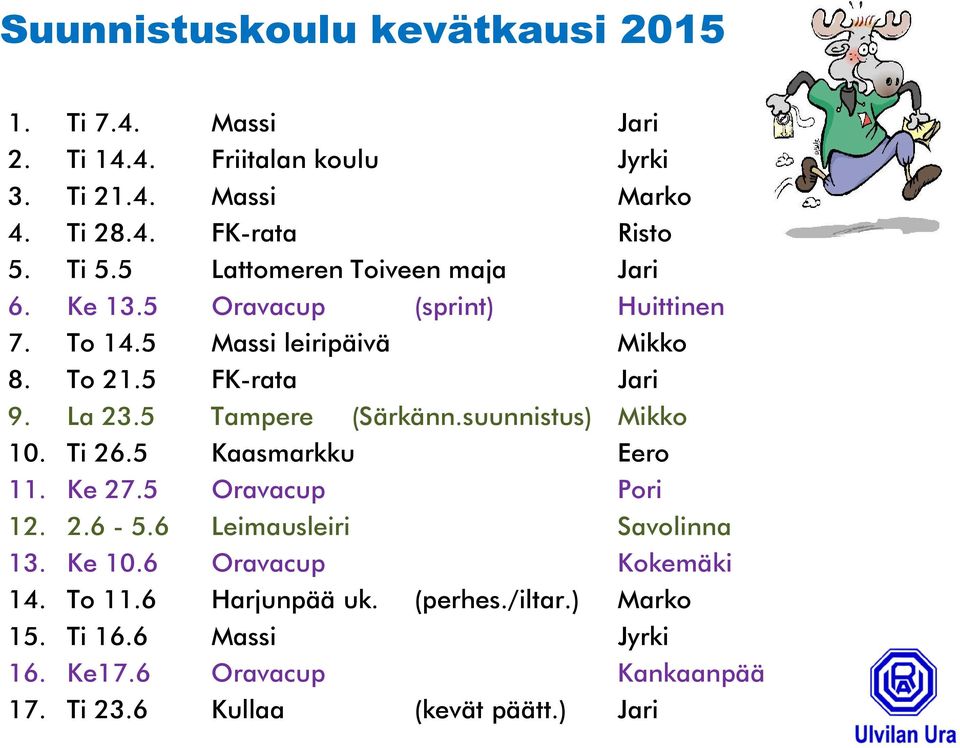 5 Tampere (Särkänn.suunnistus) Mikko 10. Ti 26.5 Kaasmarkku Eero 11. Ke 27.5 Oravacup Pori 12. 2.6-5.6 Leimausleiri Savolinna 13. Ke 10.