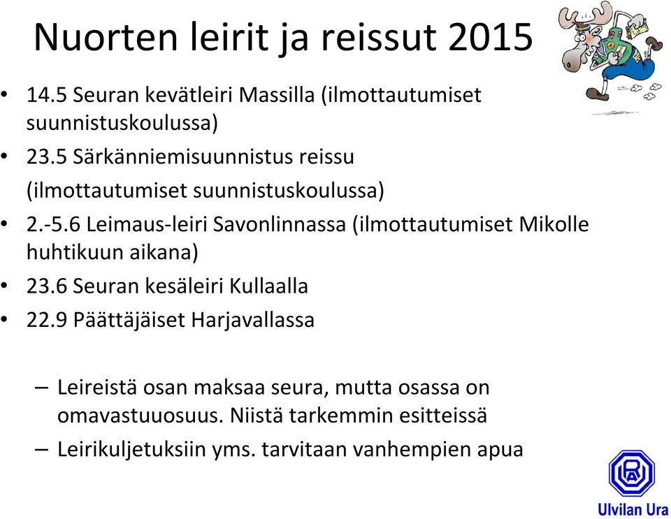 6 Leimaus-leiri Savonlinnassa (ilmottautumisetmikolle huhtikuun aikana) 23.6 Seuran kesäleiri Kullaalla 22.