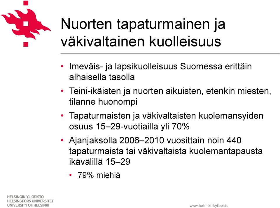 huonompi Tapaturmaisten ja väkivaltaisten kuolemansyiden osuus 15 29-vuotiailla yli 70%