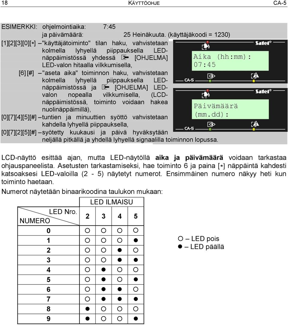 07:45 [6] [#] "aseta aika" toiminnon haku, vahvistetaan kolmella lyhyellä piippauksella LEDnäppäimistössä ja [OHJELMA] LEDvalon nopealla vilkkumisella, (LCDnäppäimistössä, toiminto voidaan hakea
