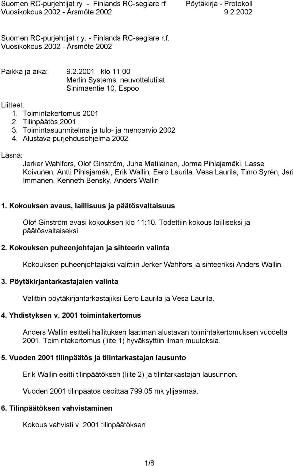 Alustava purjehdusohjelma 2002 Läsnä: Jerker Wahlfors, Olof Ginström, Juha Matilainen, Jorma Pihlajamäki, Lasse Koivunen, Antti Pihlajamäki, Erik Wallin, Eero Laurila, Vesa Laurila, Timo Syrén, Jari