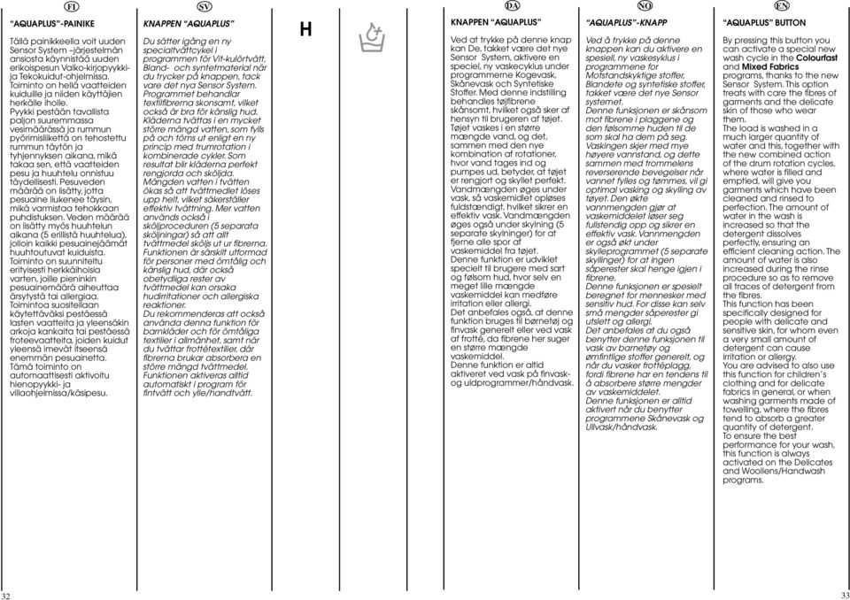 Pyykki pestään tavallista paljon suuremmassa vesimäärässä ja rummun pyörimisliikettä on tehostettu rummun täytön ja tyhjennyksen aikana, mikä takaa sen, että vaatteiden pesu ja huuhtelu onnistuu