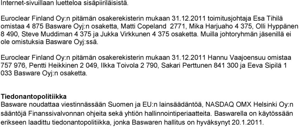 Muilla johtoryhmän jäsenillä ei ole omistuksia Basware Oyj:ssä. Euroclear Finland Oy:n pitämän osakerekisterin mukaan 31.12.