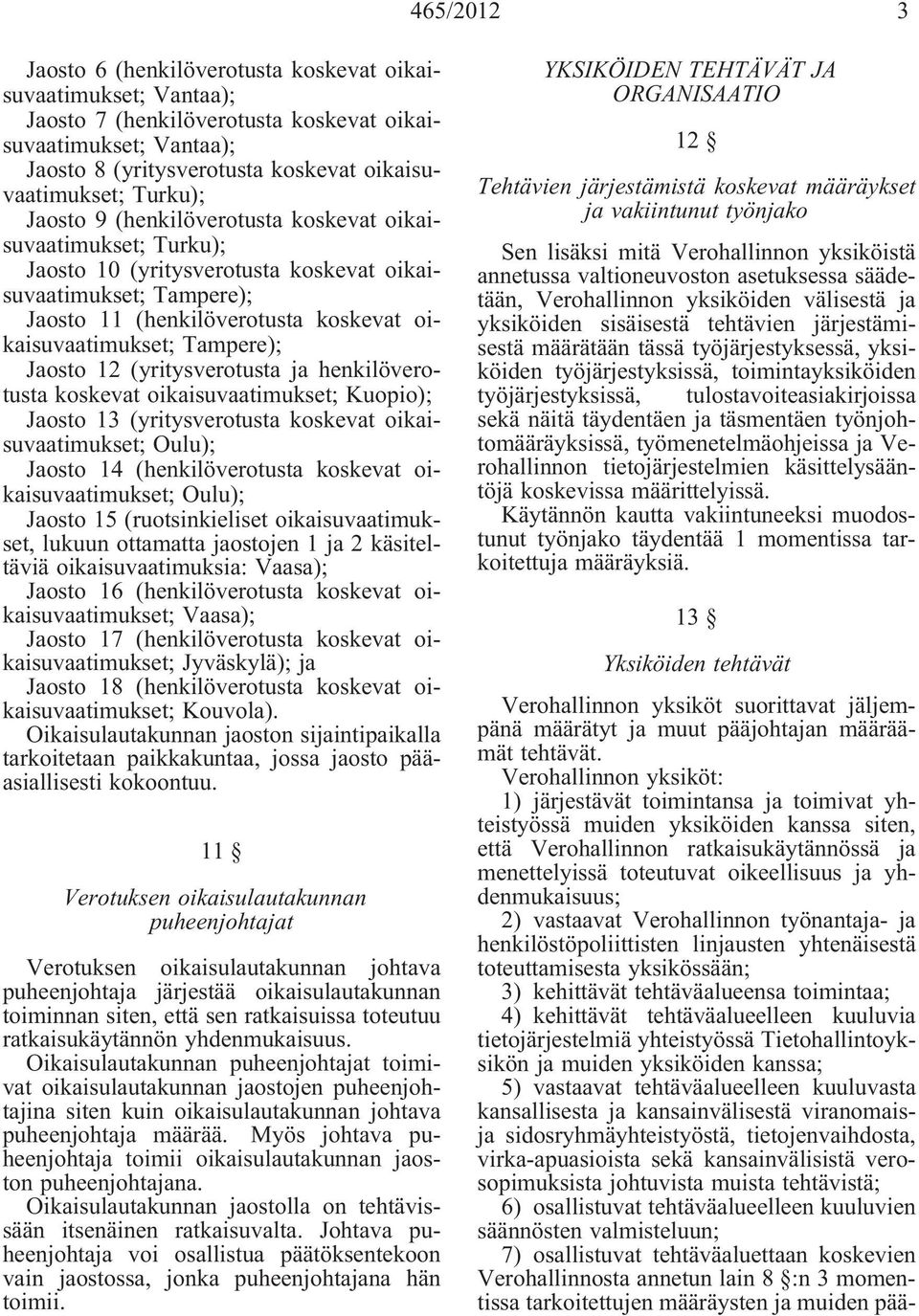 Tampere); Jaosto 12 (yritysverotusta henkilöverotusta koskevat oikaisuvaatimukset; Kuopio); Jaosto 13 (yritysverotusta koskevat oikaisuvaatimukset; Oulu); Jaosto 14 (henkilöverotusta koskevat