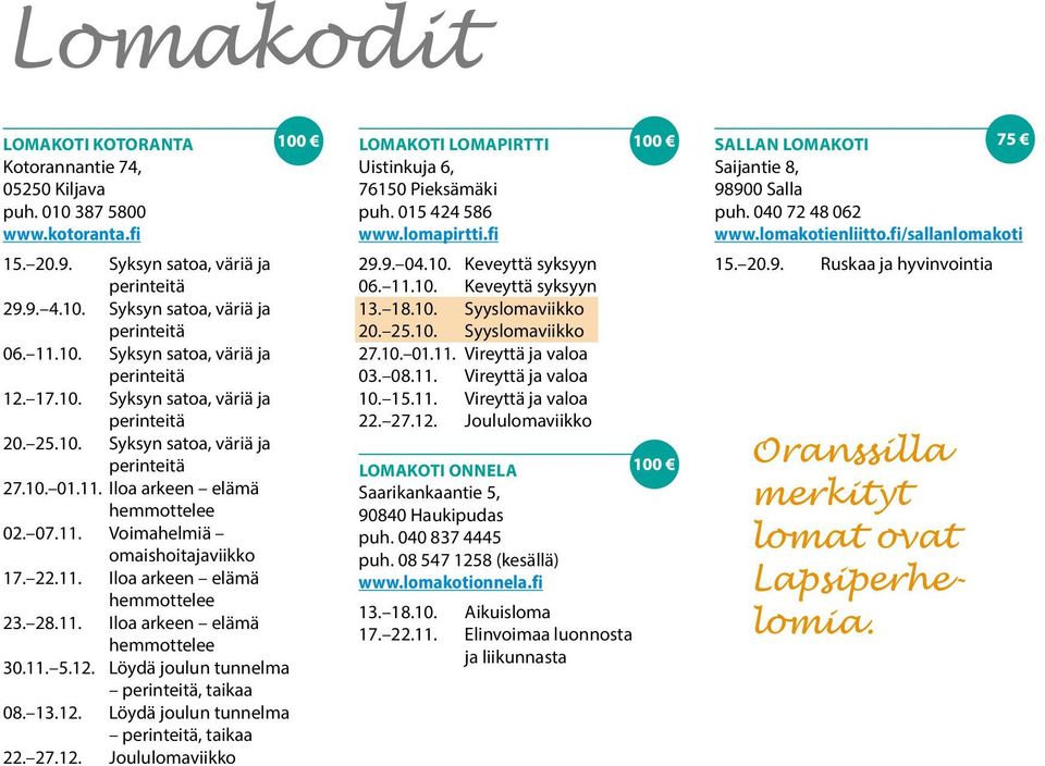 11. Iloa arkeen elämä hemmottelee 30.11. 5.12. Löydä joulun tunnelma, taikaa 08. 13.12. Löydä joulun tunnelma, taikaa LOMAKOTI LOMAPIRTTI Uistinkuja 6, 76150 Pieksämäki puh. 015 424 586 www.