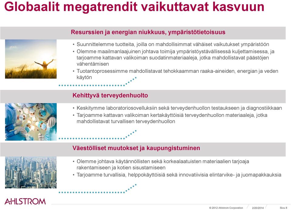 mahdollistavat tehokkaamman raaka-aineiden, energian ja veden käytön Kehittyvä terveydenhuolto Keskitymme laboratoriosovelluksiin sekä terveydenhuollon testaukseen ja diagnostiikkaan Tarjoamme