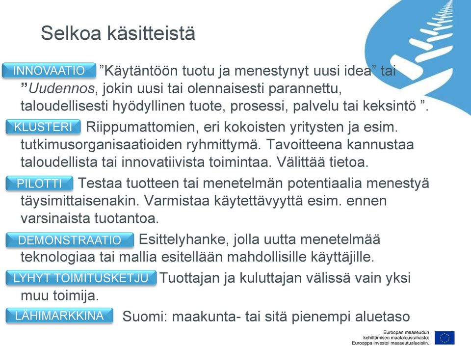 PILOTTI Testaa tuotteen tai menetelmän potentiaalia menestyä täysimittaisenakin. Varmistaa käytettävyyttä esim. ennen varsinaista tuotantoa.