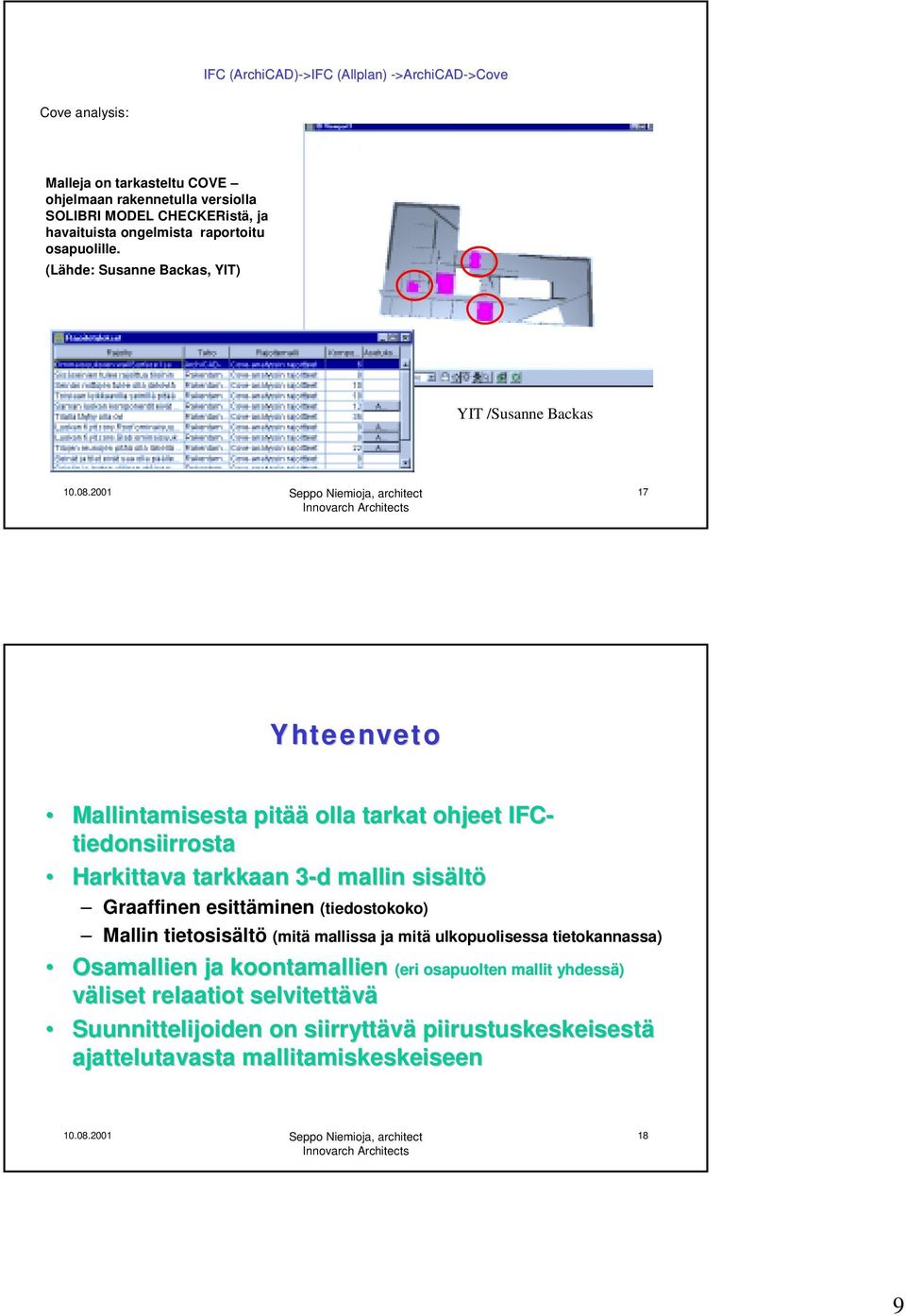 (Lähde: Susanne Backas, YIT) YIT /Susanne Backas 17 Yhteenveto Mallintamisesta pitää olla tarkat ohjeet IFC- tiedonsiirrosta Harkittava tarkkaan 3-d 3 d mallin sisältö