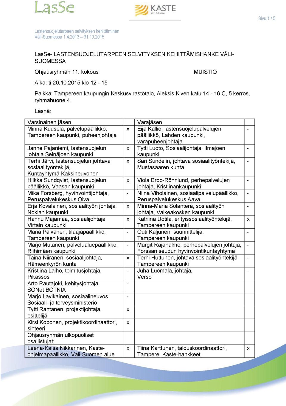 2015 klo 12 15 Paikka: Tampereen kaupungin Keskusvirastotalo, Aleksis Kiven katu 14 16 C, 5 kerros, ryhmähuone 4 Läsnä: Varsinainen jäsen Minna Kuusela, palvelupäällikkö,, puheenjohtaja Janne