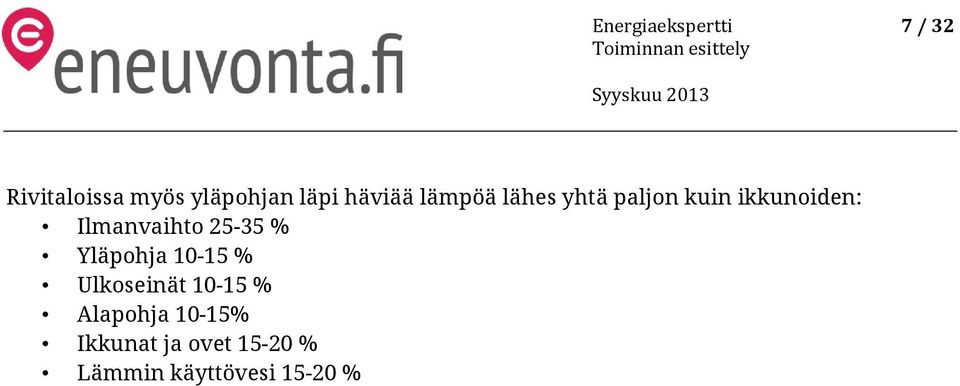 Ilmanvaihto 25-35 % Yläpohja 10-15 % Ulkoseinät 10-15 %