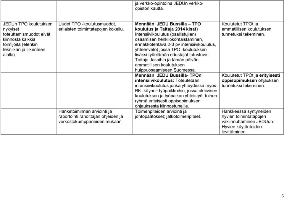 Mennään JEDU Bussilla TPO koulutus ja Taitaja 2014 kisat) Intensiivikoulutus (osallistujien) osaamisen henkilökohtaistaminen, ennakkotehtävä,2-3 pv intensiivikoulutus, yhteenveto) jossa TPO
