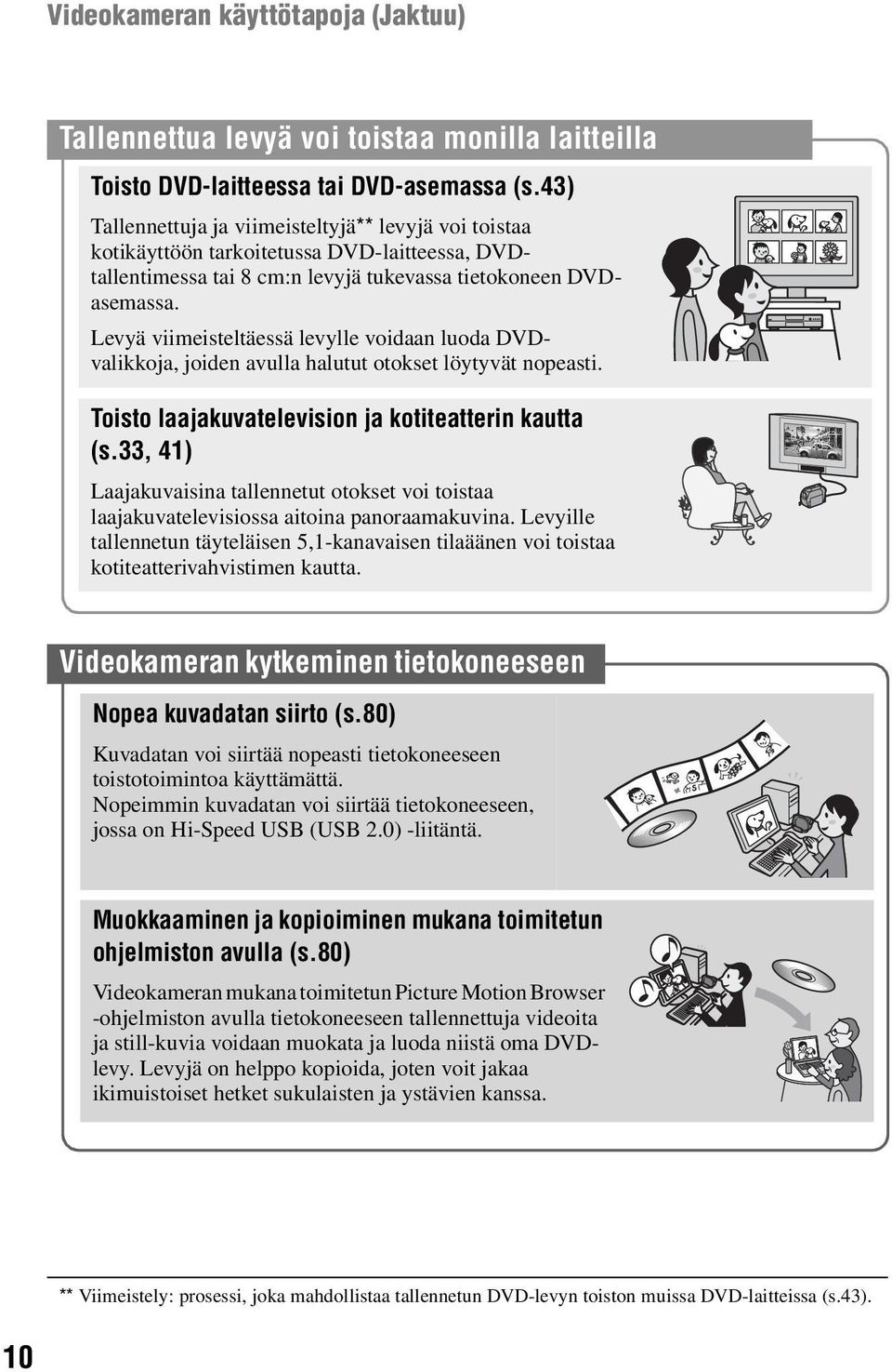 Levyä viimeisteltäessä levylle voidaan luoda DVDvalikkoja, joiden avulla halutut otokset löytyvät nopeasti. Toisto laajakuvatelevision ja kotiteatterin kautta (s.