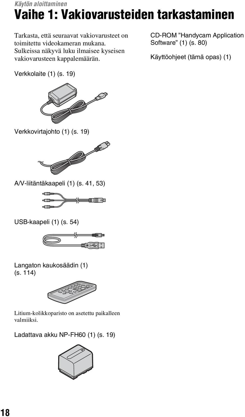 80) Käyttöohjeet (tämä opas) (1) Verkkolaite (1) (s. 19) Verkkovirtajohto (1) (s. 19) A/V-liitäntäkaapeli (1) (s.