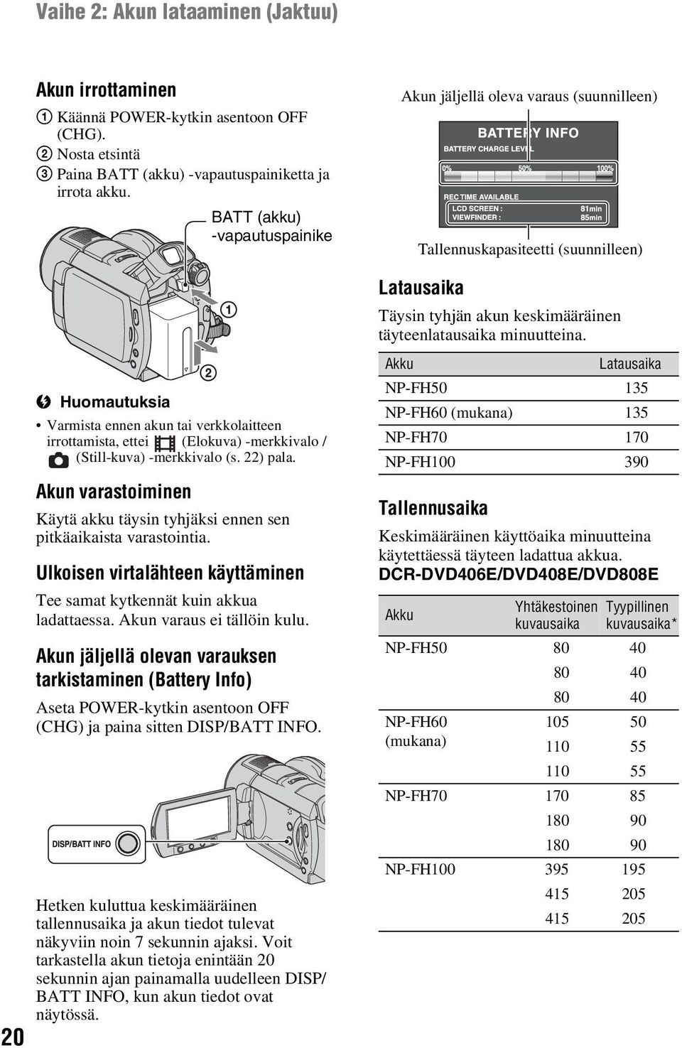 Akun varastoiminen Käytä akku täysin tyhjäksi ennen sen pitkäaikaista varastointia. Ulkoisen virtalähteen käyttäminen Tee samat kytkennät kuin akkua ladattaessa. Akun varaus ei tällöin kulu.